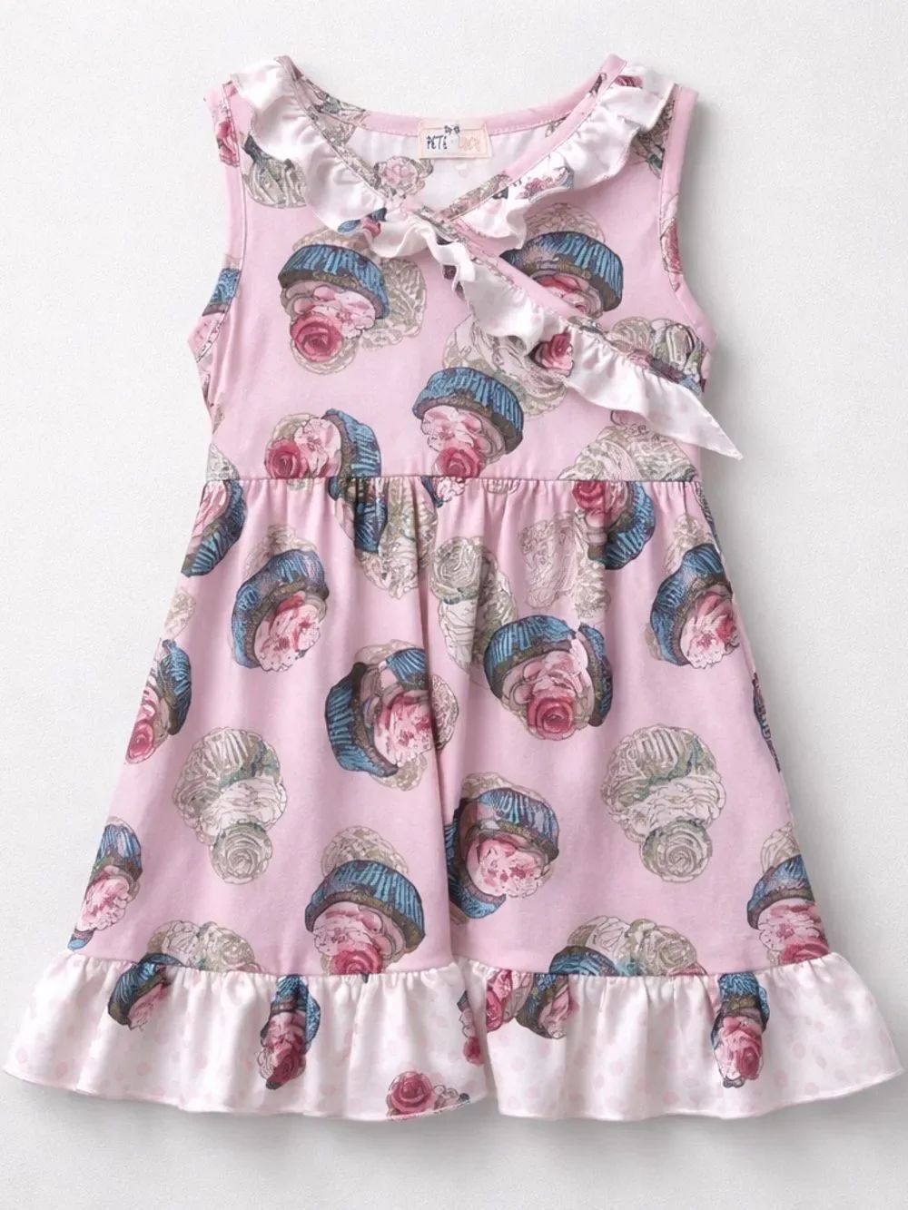 Pete & Lucy pink faux wrap cupcake print mill silk dress size 12-18 months